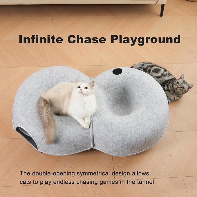 8-Shaped Large Cat Tunnel Bed for Indoor Cats, Infinite Circulation Peekaboo Cat Cave with 12 Toy Balls, Cat Donut Tunnel for Cats up to 30 Pounds (Light Grey, L 38x24x11in)-PurrikoPets