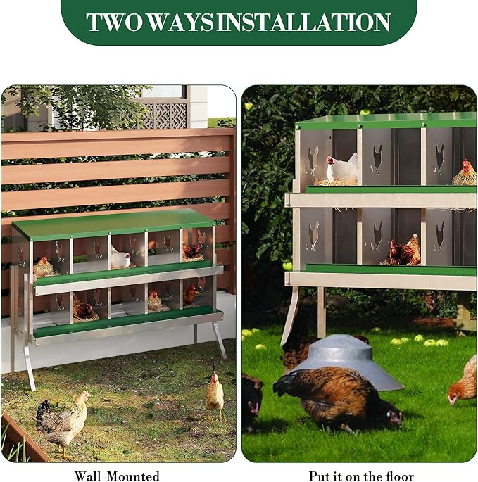 10 Hole Chicken Nesting Box with Roll Out Egg Tray, Rustproof & Ventilated Chicken Laying Boxes for Hens, Chickens, Ducks | Easy-Clean Poultry Coop Accessories, Green with Stand-PurrikoPets