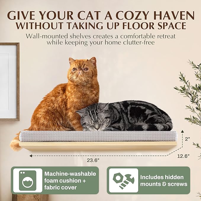 Extra Large 23.6”x12.6” CALLICO HAVEN- Stylish Cat Wall Shelves with Cushion, Modern Wall-Mounted Cat Tree Furniture, Window Cat Shelf & Perch, Sturdy/Hidden Mounts, Washable Cover - Flat Shape-PurrikoPets