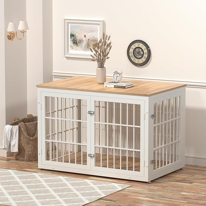 48 Inch Heavy Duty Dog Crate Furniture for Large Dogs, Decorative Pet House End Table, Extra Large Wooden Cage Kennel Furniture Indoor, Natural and White-PurrikoPets