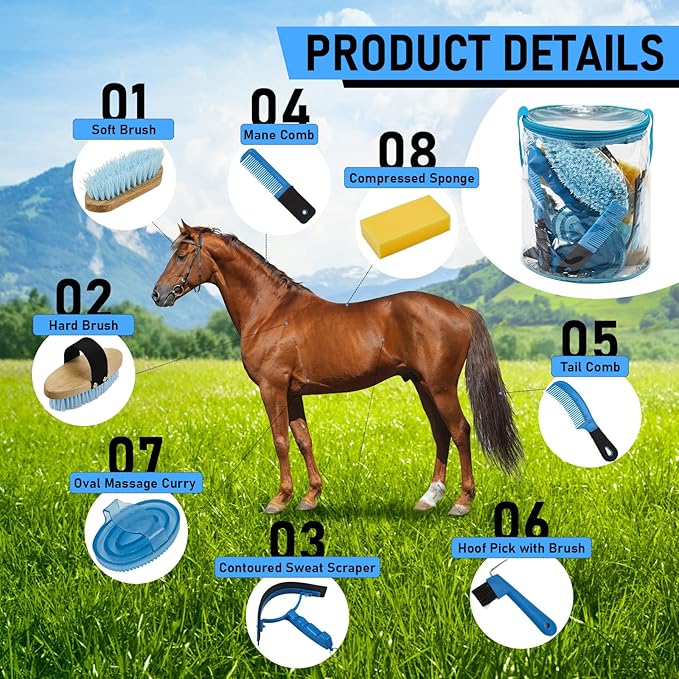 9 Pieces Horse Grooming Kit Tack Room Supplies Set with Organizer Tote Bag, Oval Massage Curry, Hard and Soft Brush, Hoof Pick, Sweat Scraper, Bathing Sponge, Combs for Horse Riders Beginners (Blue)-PurrikoPets