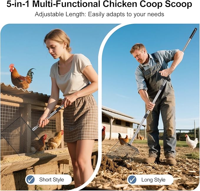 15inch Large Chicken Poop Scooper with Ergonomic Grip, 5 in 1 Adjustable Chicken Coop Pooper Shovel (24 to 76.5"), Stainless Steel Litter Sifting Shovel Scoop for Chicken Coop/Goat Stall/Stable-PurrikoPets