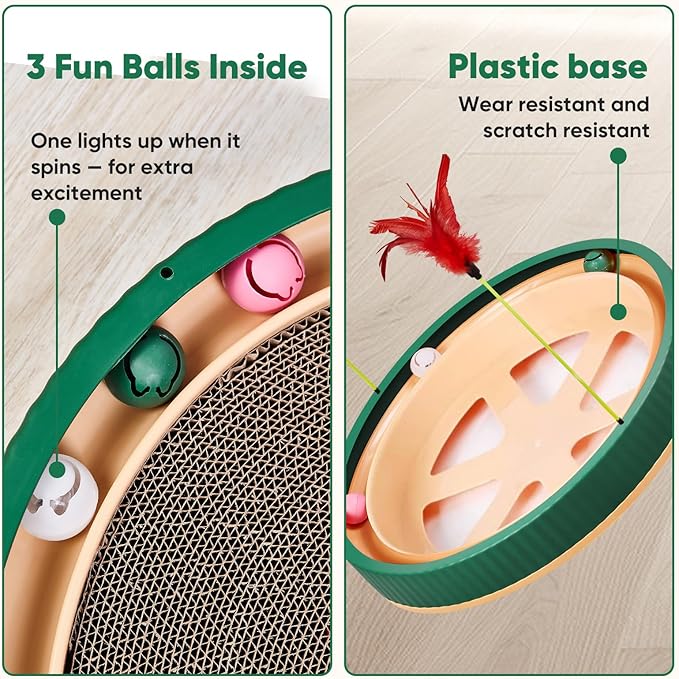 20-Inch Round Cat Scratcher with Ball Track – 3-in-1 Cardboard Scratching Pad with Feather Toy & Non-Slip Base – Interactive Cat Toy for Indoor Cats, Kittens & Large Cats (Green)-PurrikoPets