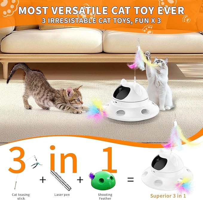 3-in-1 Cat Laser Toy & Interactive Automatic Motion-Activated Kitten Toy – 6 Holes Whack-A-Mole Feather & Moving Ambush Fun – USB Rechargeable, Apply to – Indoor Exercise for Cats of All Breeds-PurrikoPets