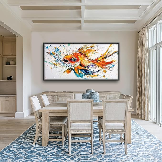 Framed Large Fish Wall Art for Living Room, Oversized Graffiti Goldfish Wall Decor Watercolor Fishing Canvas Painting Modern Artwork Home Decoration for Living Room Bedroom Office 60"x30"-PurrikoPets