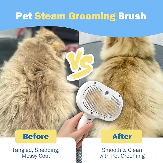 4-in-1 Pet Grooming Steam Brush for Cats & Dogs – Steam Spray, Blue Light, Hair Removal, Self-Cleaning Comb – Includes Pet Waterless Shampoo-PurrikoPets