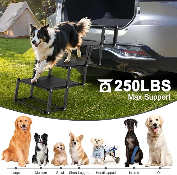 Extra Wide Dog Stairs for Large Dogs, Foldable Dog Ramp for Car with Non-Slip Surface, Lightweight Dog Stairs for Cars, Dog Steps for Cars, SUV, High Beds, Truck, Supports up to 250 lbs, 4 Steps-PurrikoPets