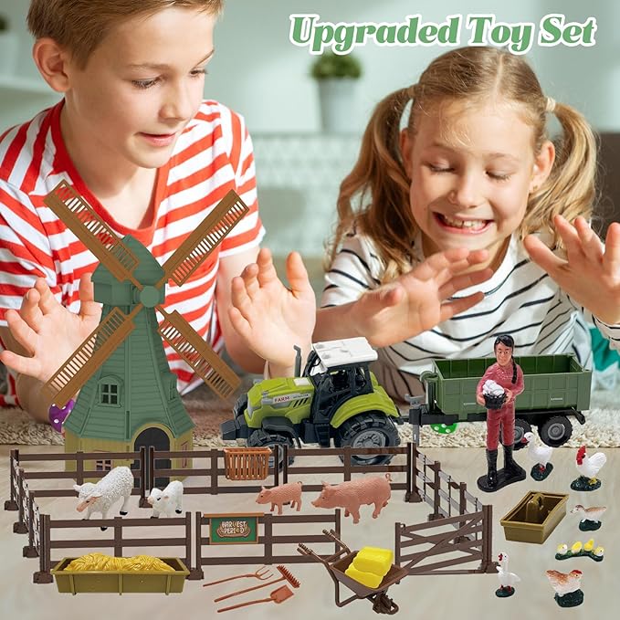 82PCS Farm Animals Toys Set Comes with Tractor Trailer, Windmill, Farmer, Fence - Playset for Kids Toddlers Boys Girls 5+ Years Old-PurrikoPets