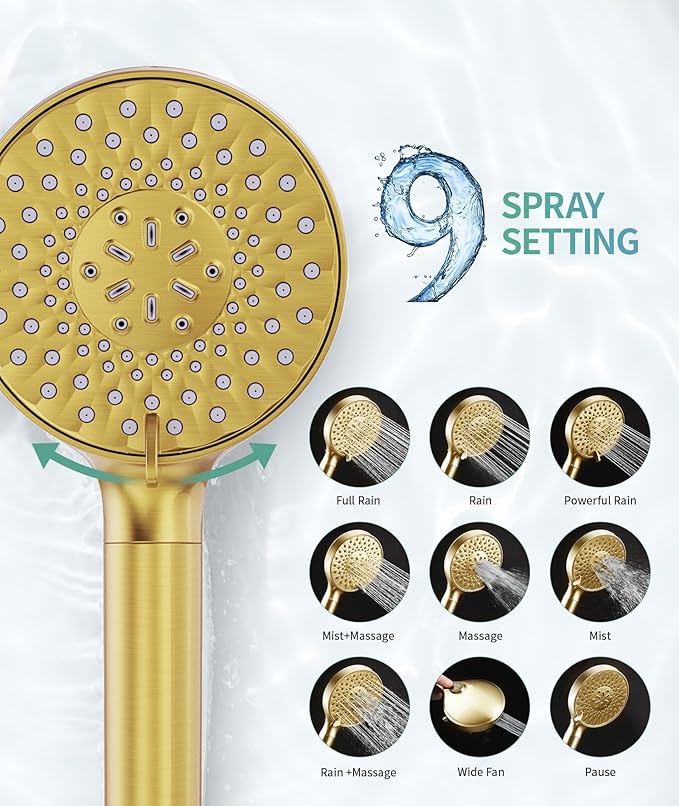 Filtered Shower Head with Handheld, High Pressure 9 Spray Mode Brushed Gold Showerhead with 4 Filters, Detachable Shower Head, Water Softener Filters Beads for Hard Water - Remove Chlorine-PurrikoPets
