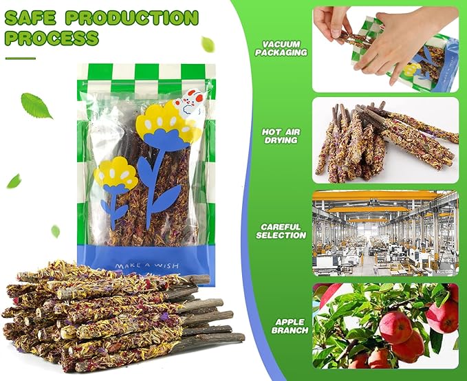 Abizoo Bunny Chew Toys for Rabbits,18PCS Natural Apple Wood Sticks with Petals Good for Chinchillas Guinea Pig Hamster Teeth Care, Bunny Small Pet Treats Teething Toys| Natural Organic Safe-PurrikoPets