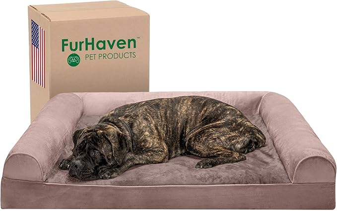Furhaven Orthopedic Dog Bed for Large Dogs w/ Removable Bolsters & Washable Cover, For Dogs Up to 125 lbs - Faux Fur & Velvet Sofa - Driftwood Brown, Jumbo Plus/XXL-PurrikoPets