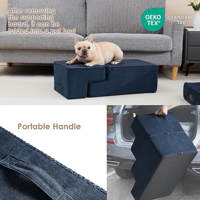 EHEYCIGA Dog Stairs for Bed 18" H, 4-Step Dog Steps for High Bed, Pet Steps for Small Dogs and Cats, Non-Slip Balanced Pet Ramp Indoor, Navy Blue-PurrikoPets