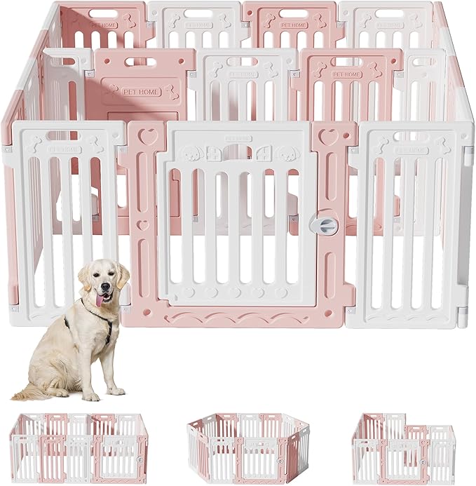 2 Room Dog Playpen with Door,DIY Shape Combination Puppy Pen,16-Panel+2 Link Piece+Large Door+Small Door,25.5" H Dog Fence,Non-Slip&Secure Pet Gate,Easy to Assemble,Pink + White-PurrikoPets