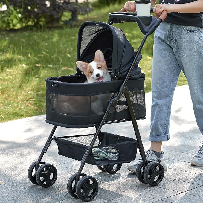 3 in 1 Pet Stroller with Removable Carrier, Folding Stroller for Small/Medium Dogs and Cats, Waterproof, All-Terrain, with Sun Shades, Car Seat-PurrikoPets