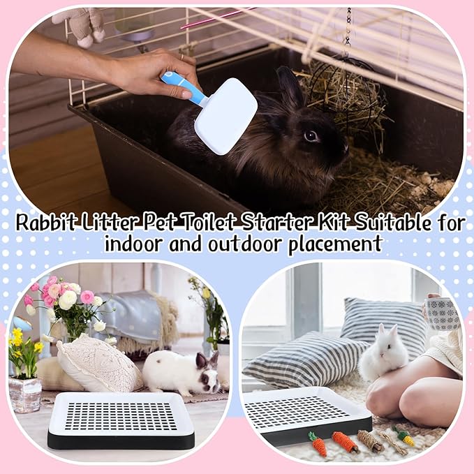 19 Pcs Rabbit Starter Kit Small Bunny Litter Box Rabbit Grooming Kit Water Bottle Bunny Toys Hay Feeder Bowl Blankets with Cleaning Set for Guinea Pig Accessories(Black,Cloud)-PurrikoPets