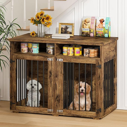 Furniture Dog Crate for 2 Dogs, 41 Inch Dog Kennel Furniture with Removable Divider and Shelf Storage, Wooden Dog Crate for Small/Medium Dogs, Rustic Brown-PurrikoPets