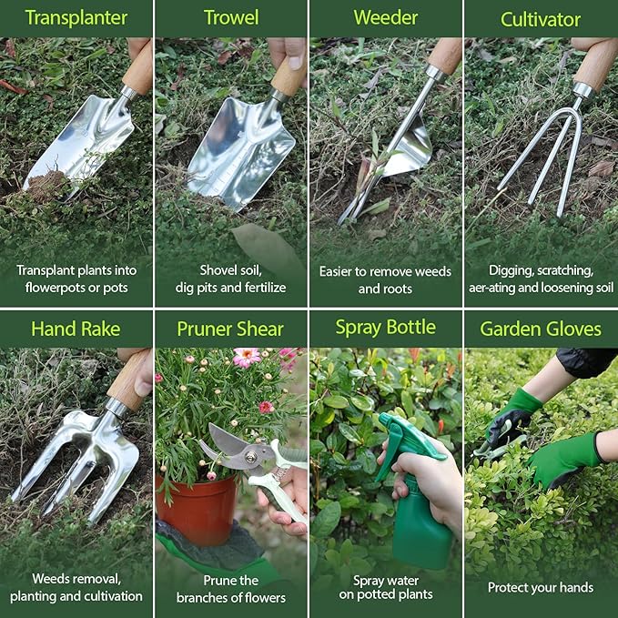Garden Tool Set, 10 Piece Kit with Heavy Duty Folding Stool, Detachable Storage Tote Bag, Stainless Steel Tools, Gifts for Women Men Green-PurrikoPets