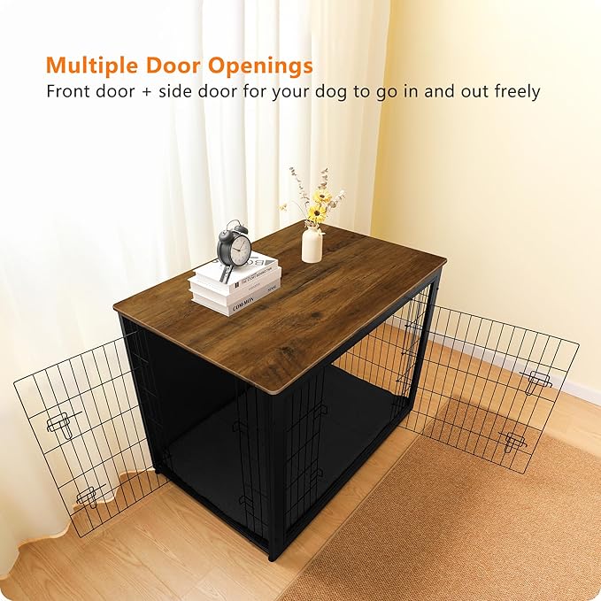 DWANTON Dog Crate Furniture with Cushion, Wooden Kennel Table with Double Doors, Indoor Dog House, Extra Large Size, 43.3" L, Black+Warm Brown-PurrikoPets