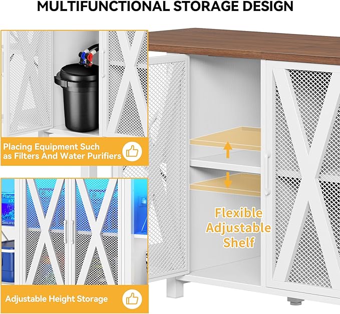 DWVO 75-120 Gallon Aquarium Stand with Power Outlet & LED Light, Cabinet for Accessories Storage - Heavy Duty Metal Fish Tank Stand Suitable for Turtle Tank, Reptile Terrarium, 2000LBS Capacity, White-PurrikoPets