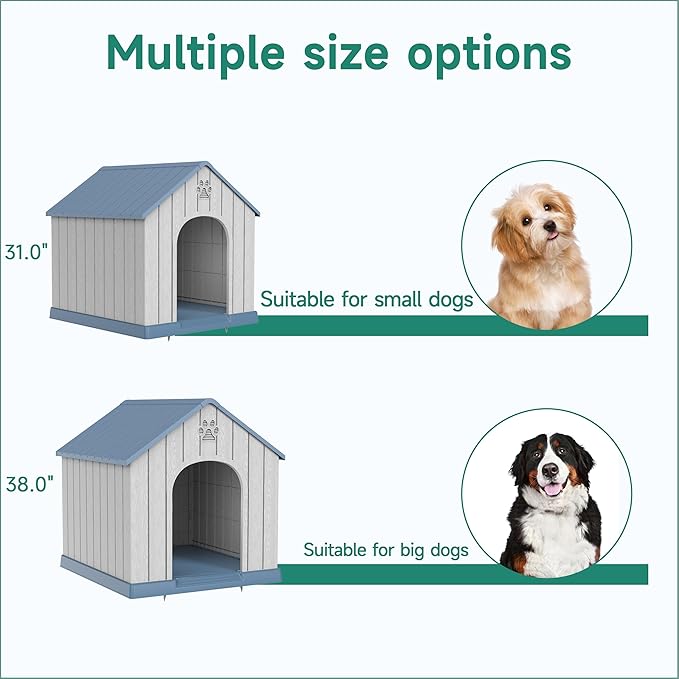 DRATO Indoor Outdoor Waterproof Dog House,PP Material,Puppy Shelter with Air Vents and Elevated Floor,Sturdy Dog Kennel for Small to Large Sized Dogs, Easy to Assemble (Blue, 38.62×36.26×38.07 Inches)-PurrikoPets