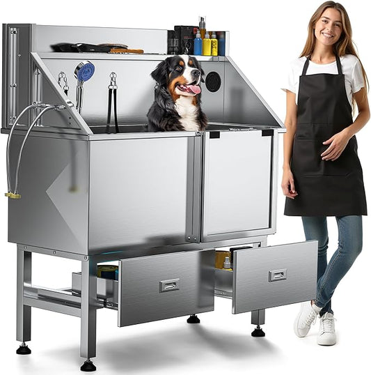 DWVO Professional Dog Bathing Station Stainless Steel 304 Dog Bathtub 50in for Grooming w/Left Door Ramp, 2 Storage Drawers, Faucet, Grate, Pet Washing Station for Large, Medium, Small Pets-PurrikoPets