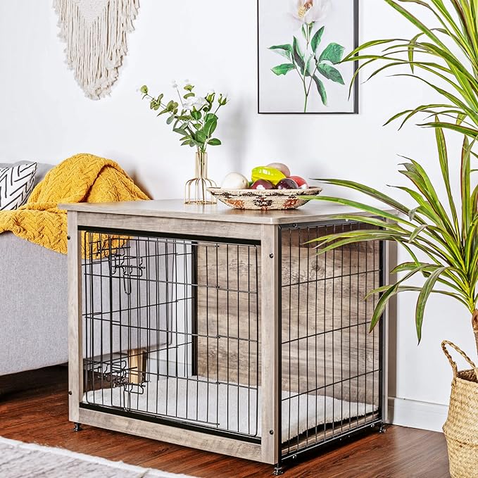 DWANTON Dog Crate Furniture with Cushion, Wooden Kennel Table with Double Doors, Indoor Dog House, Medium Size, 32.5" L, Greige-PurrikoPets