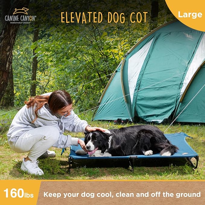 Folding Raised Dog Bed, Large Outdoor Elevated Dog Cot, Cooling Chew Proof Pet Cots Bed, Portable, Heavy Duty Up to 160 lbs, Pet Cot for Camping, Home, Dark Blue, 49"x33"x7"-PurrikoPets