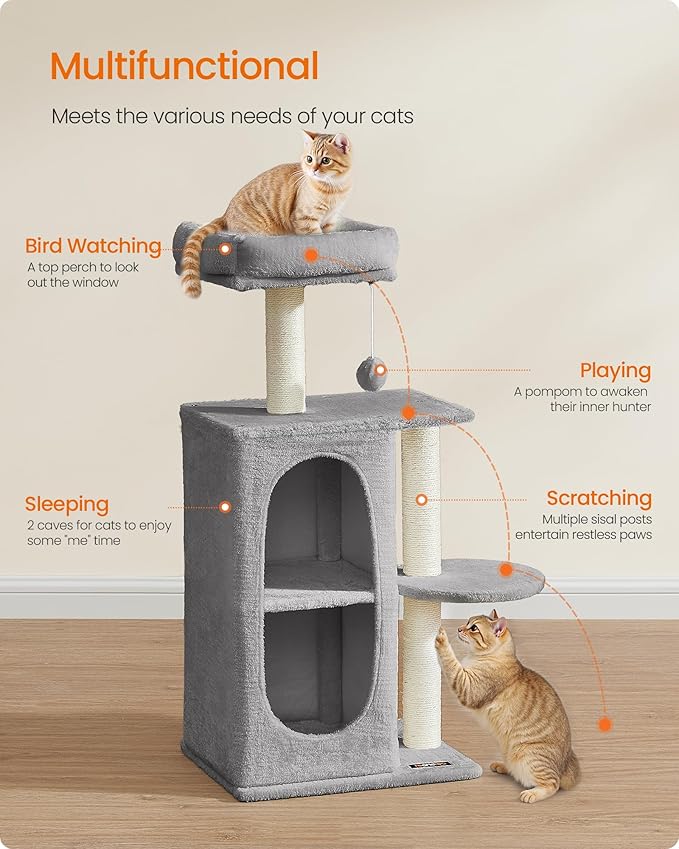 Feandrea Cat Tree Tower with 2 Caves for Multi-Cat Households, Kittens, Scratching Posts, Light Gray UPCT005G01-PurrikoPets