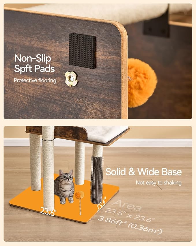 FourFurPets 43.7" Cat Tree, Modern Cat Tree Tower, Cat Tower for Indoor Cats Large Adult, Cat Condo with Scratching Post, Large Perch and Removable Pads,Rustic Brown-PurrikoPets