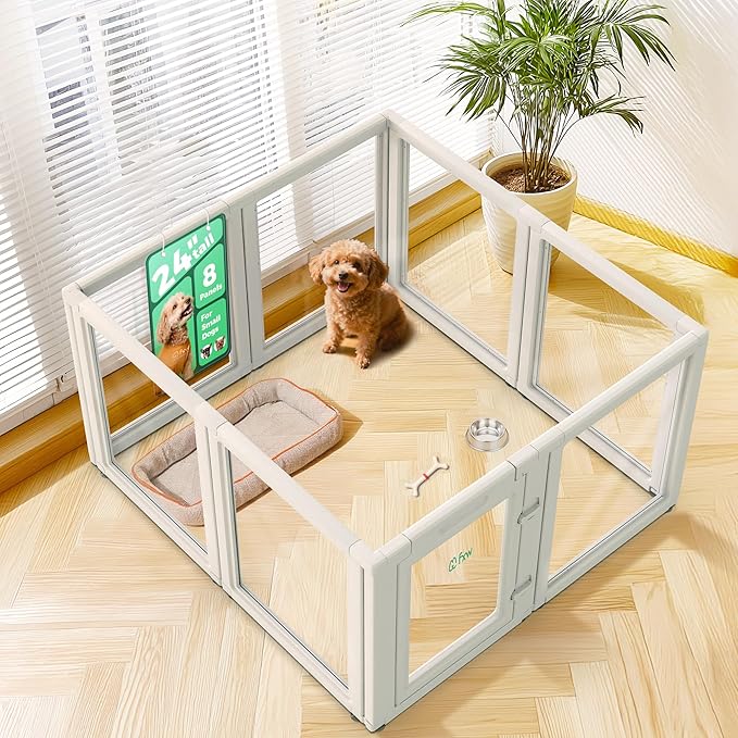 FXW AuraSpace Acrylic Indoor Unleashed Dog Playpen for Puppies and Small Dogs, 24 Inch, 8 Panels, White-PurrikoPets