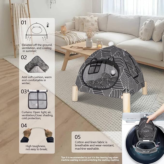 2-in-1 Elevated Cat Tent Cat House, Quick Assembly and Disassembly, Portable Indoor/Outdoor Cute Cat Bed Cave-Black Diamond Pattern-PurrikoPets