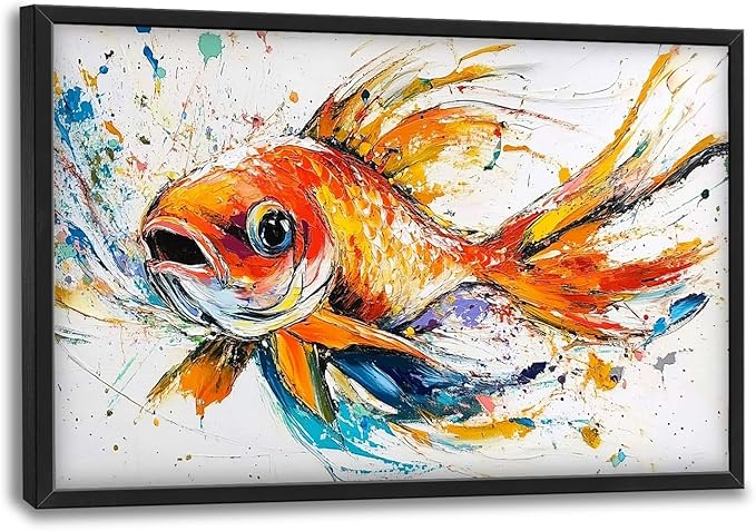 Framed Large Fish Wall Art for Living Room, Oversized Graffiti Goldfish Wall Decor Watercolor Fishing Canvas Painting Modern Artwork Home Decoration for Living Room Bedroom Office 36"x24"-PurrikoPets