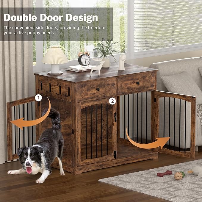 40 Inch Furniture-Style Dog Crate-Multipurpose Wood Pet Crate Furniture with Double Doors,2 Drawers, Decorative Dog House Indoor for Smal/Medium Dogs, Brown Finish-PurrikoPets