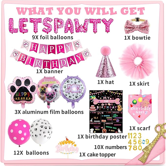 Dog Party Supplies Decorations - Cute Bandana, Let's Pawty Banner, Cake Topper, Hat, Pink Bowtie, Tutu Skirt, Paw Balloon for Birthday Celebration-PurrikoPets