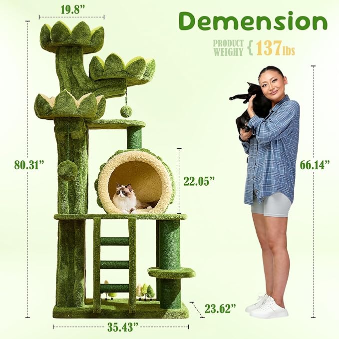 80.3'' Modern Cat Tree, Tall Cat Tower for Indoor Cats Adults, Luxury Climb Tower with Scratching Post, Heavy Duty Cat Condo with Ladder, Toys, Double Sided Mat, Lotus Perch for Multi-Cat Families-PurrikoPets