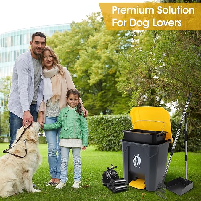 Dog Pooper Scooper, 20L Large Dog Poop Trash Can Outside with Removable Inner Bucket, Poop Trash Can for dog Outdoors with 90 Waste Bags, 37inch Long Handle Stainless Metal Tray & Rake-PurrikoPets