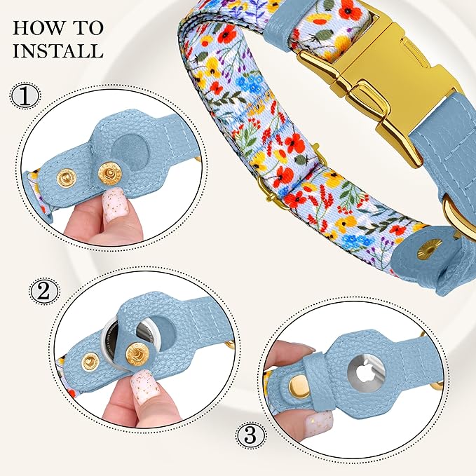 AirTag Dog Collar for Small Medium Large Breed - Adjustable Cute Pattern Dog Collar with Airtag Holder - Soft Leather Tracker GPS Apple Air Tag Pet Collars (X-Large, 20"-25" Neck Fit, Floral)-PurrikoPets