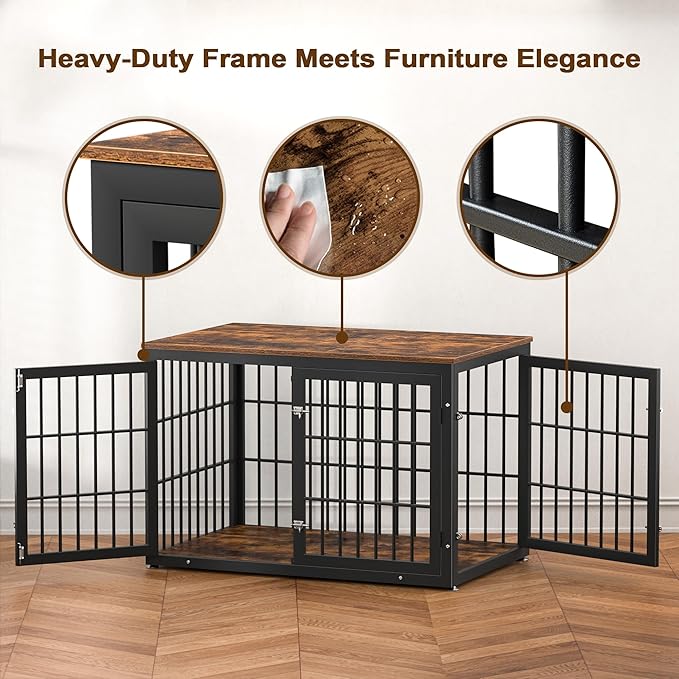 48 Inch Rustic Heavy Duty Dog Crate Furniture for Extra Large Dogs, Decorative Pet House End Table, Wooden Cage Kennel Furniture Indoor, Black and Brown-PurrikoPets