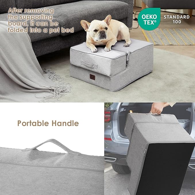 EHEYCIGA Dog Stairs for Small Dogs 13.5" H, 3-Step Dog Steps for Couch Sofa and Chair, Pet Steps for Medium Cats, Non-Slip Balanced Pet Ramp Indoor, Light Grey-PurrikoPets