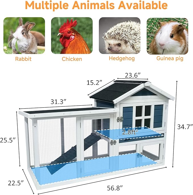 GARWOOD Large Outdoor Indoor Rabbit Hutch Wooden Bunny Rabbit Cage 2-Story with Run No-Leak Pull-Out Tray Waterproof Asphalt Roof Ramp for Guinea Pig Small Animal Wood Pet House Home Blue White-PurrikoPets