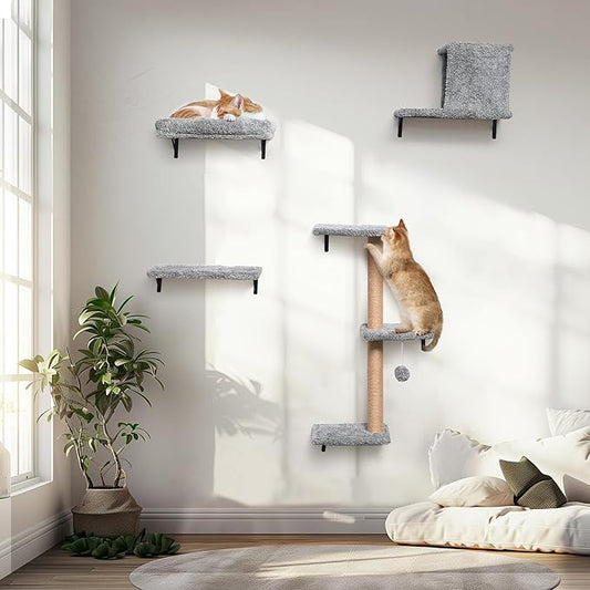 FUKUMARU Cat Wall Shelves, Stable & Safe 4 in 1 Cat Furniture Set, Wooden Climbing Wall with Scratching Post for 16 Inch Drywall - Light Gray-PurrikoPets