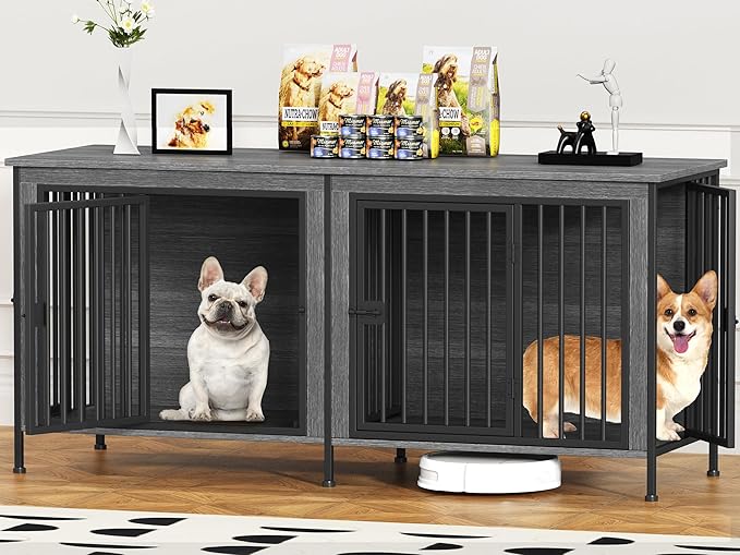EasyCom 63" Dog Cage Furniture for 2 Pets with Divider, XL Wooden Double Dog Crate Furniture TV Stand for Mideum Breed, Durable and Sturdy-PurrikoPets