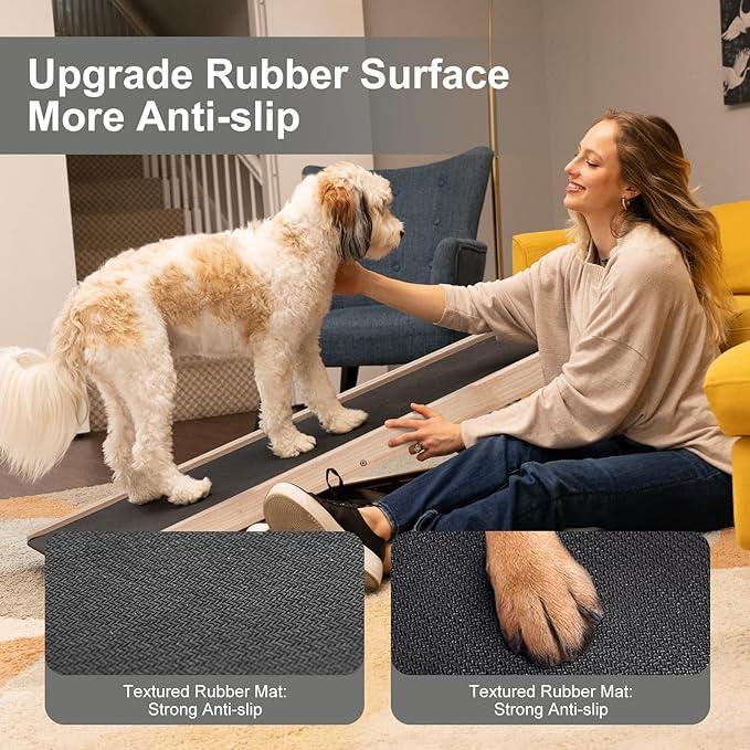 Folding Wooden Dog Ramp for Bed, Couch & Car,45IN Long- 5 Level Adjustable Pet Ramp, Non-Slip Rubber Mat, 17.7'' Extra Wide - Supports Small & Large Senior Dogs & Cats up to 200 lbs-PurrikoPets