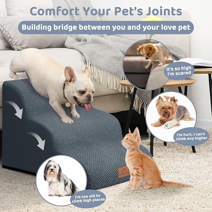 Dog Ramp and Stair for Bed 16" H-20 H,3-Step Cat Stair for Sofa and Chair,4-Step Dog Ramp for High Bed and Window,Durable Nonslip Fabric Cover for Indoor (Dark Grey-16 H, Pet Friendly, 3)-PurrikoPets