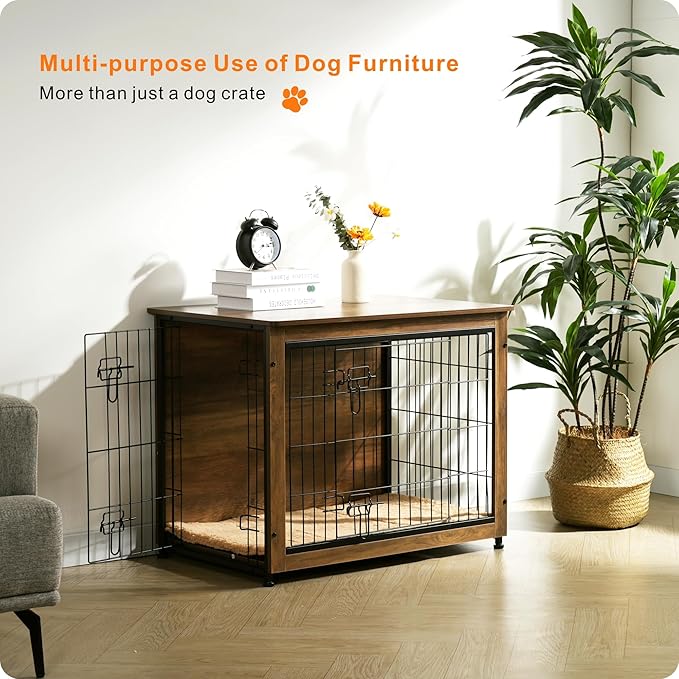 DWANTON Dog Crate Furniture with Cushion, Wooden Kennel Table with Double Doors, Indoor Dog House, Medium Size, 32.5" L, Warm Brown-PurrikoPets