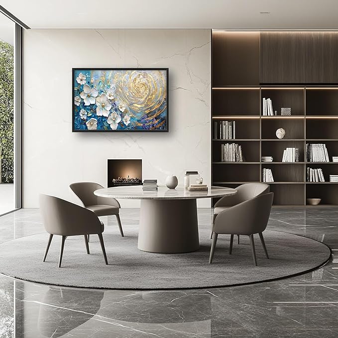 Flower Large Wall Art White Floral Pictures Abstract Golden Spiral Texture Wall Decor Canvas Print Painting Artwork for Bathroom Living Room Bedroom 36L" x 24W"-PurrikoPets