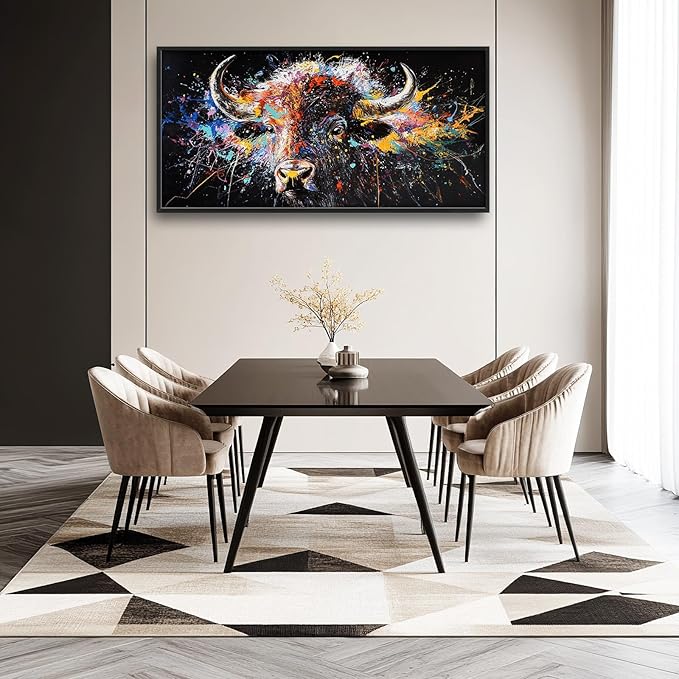 Framed Large Bison Buffalo Wall Art for Living Room, Oversized Graffiti Yak Cow Wall Decor Banksy Bull Canvas Painting Animal Pictures Modern Artwork for Living Room Bedroom Office 60"x30"-PurrikoPets