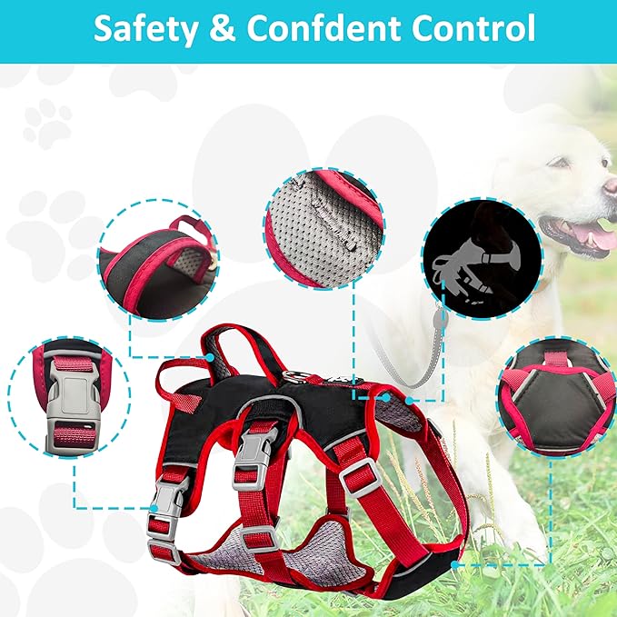 Escape Proof Dog Harness, No Pull Reflective Adjustable Vest with Easy Control Lift Handle, No Choke Soft Padded Breathable Full Body Pet Harness for Walking Hiking and Training (Red, Small)-PurrikoPets