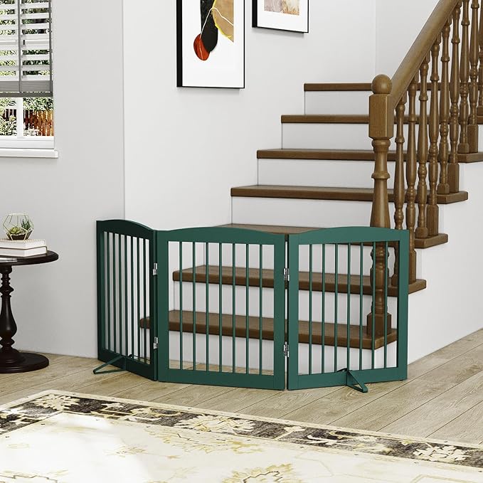 Freestanding Pet Gate for Dogs, Foldable Wooden Dog Gate for House, Indoor Dog Gate for Doorways, Stairs, Step Over Pet Puppy Safety Fence, Support Feet Included,24" Height 3 Panels,Green-PurrikoPets