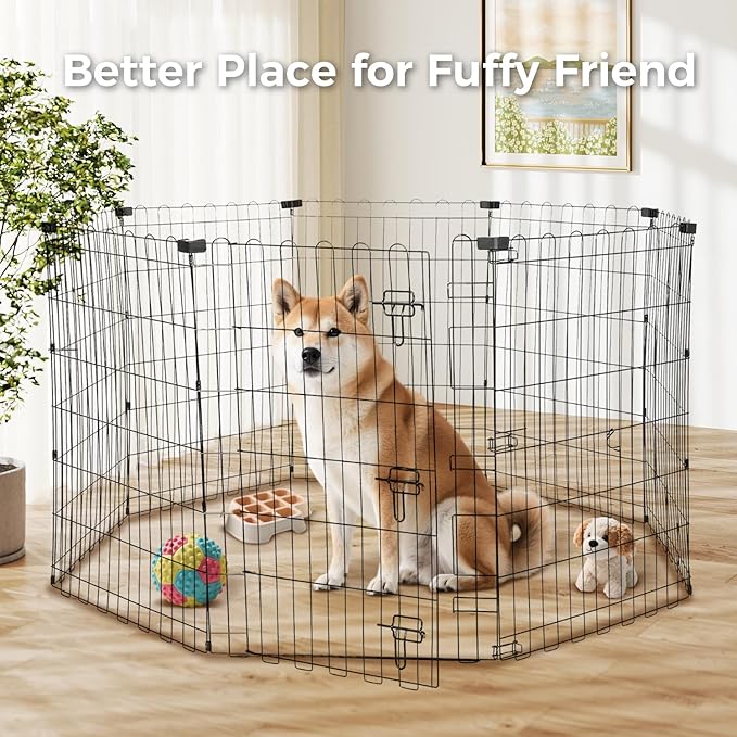 Foldable Dog Playpen 36" Height 8 Panels Metal Exercise Pen with Door - Indoor/Outdoor Dog Play Pen for Small-Medium Dogs, Portable Pet Fence for Yard Garden Camping, Black-PurrikoPets